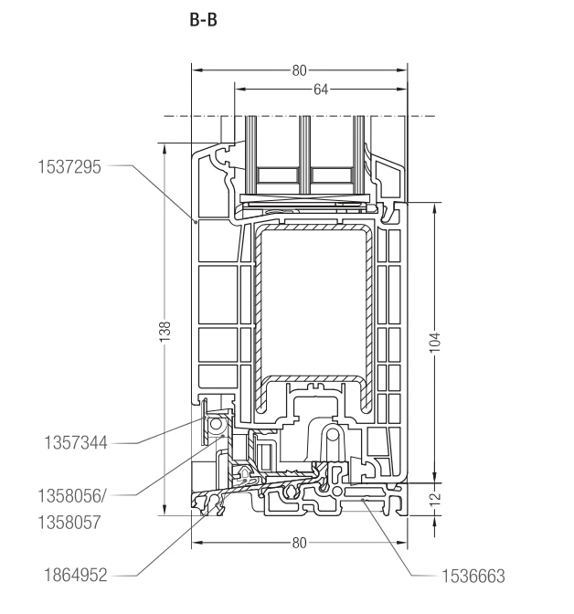 Sección técnica del perfil Rehau Synego 80mm: dimensiones y estructura de cámaras. Vista B
